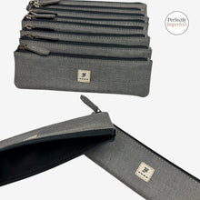 Load image into Gallery viewer, Franklin-Christoph grey fabric zippered single pen pouch with antiqued brass zipper and debossed logo.