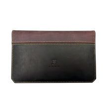 Load image into Gallery viewer, Franklin-Christoph two-tone boot leather checkbook cover in brown and black with embossed logo. Features pen slot and card/cash pockets.