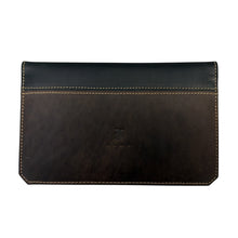 Load image into Gallery viewer, Franklin-Christoph two-tone boot leather checkbook cover with pen slot and Celtic knot emblem.