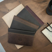 Load image into Gallery viewer, Franklin-Christoph boot leather checkbook cover with Celtic knot detail. Available in brown, dark brown, and burgundy.