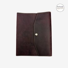 Load image into Gallery viewer, Franklin-Christoph A5 maroon boot leather notebook cover with snap closure and debossed Celtic logo.