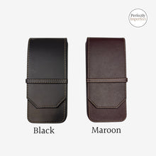 Load image into Gallery viewer, Franklin-Christoph three pen case in black or maroon napa leather with flap and band closure. Features sewn cloth interior and nylon loops.