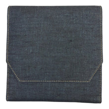 Load image into Gallery viewer, Franklin-Christoph Penvelope Six pen case in dark blue denim-like fabric with tan stitching and a fold-over flap closure. Holds 6 pens.