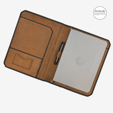 Load image into Gallery viewer, Franklin-Christoph Umber canvas A5 padfolio with black stitching, pen loop, card slot, and document pocket.